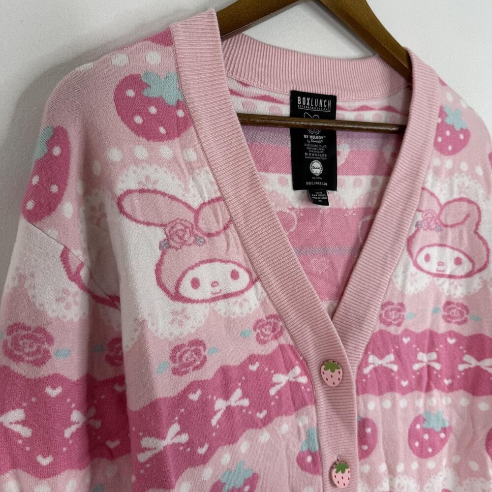 My Melody Sanrio BoxLunch Cardigan Sweater XS Pink Fair Isle Strawberry